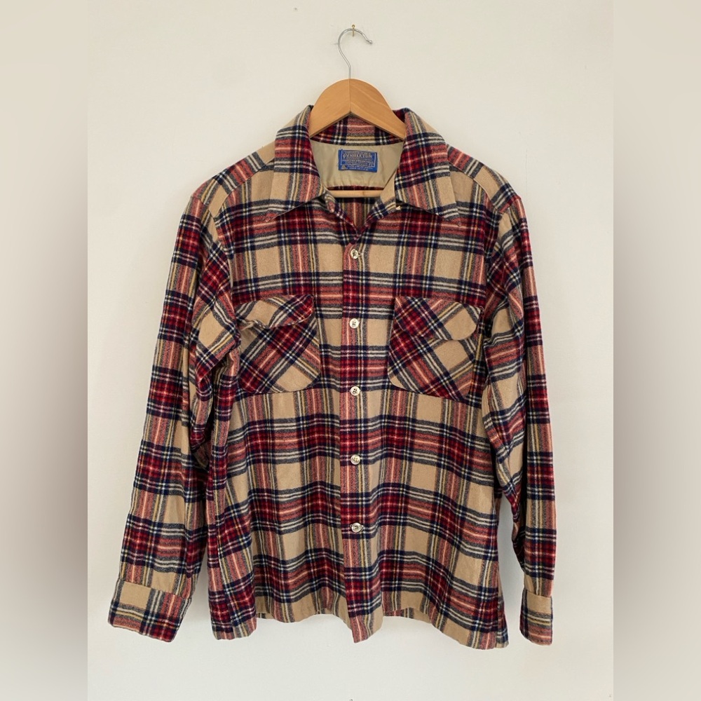 Pendleton Vintage Board Red and Cream Plaid Button Down Wool Shirt size large